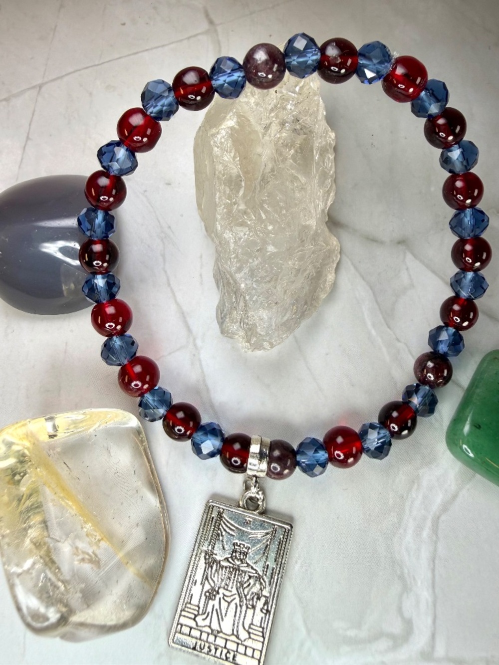 Garnet & Dark Sapphire Justice Tarot Card Bracelet